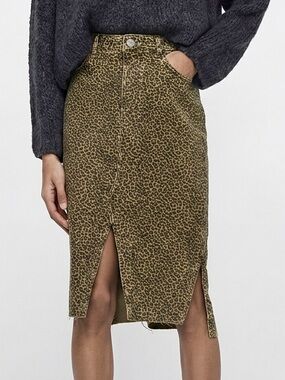 ZARA Leopard Animal Print Denim High Waist Pencil Midi Skirt SizeL